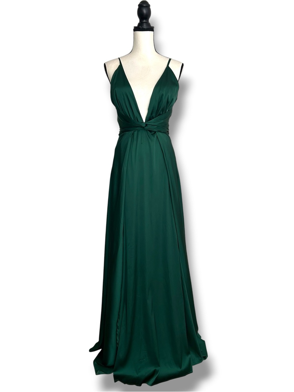NEW EMPRADA Size S Emerald Green Satin Maxi Gown DEEP V-NECK FRONT SLITS